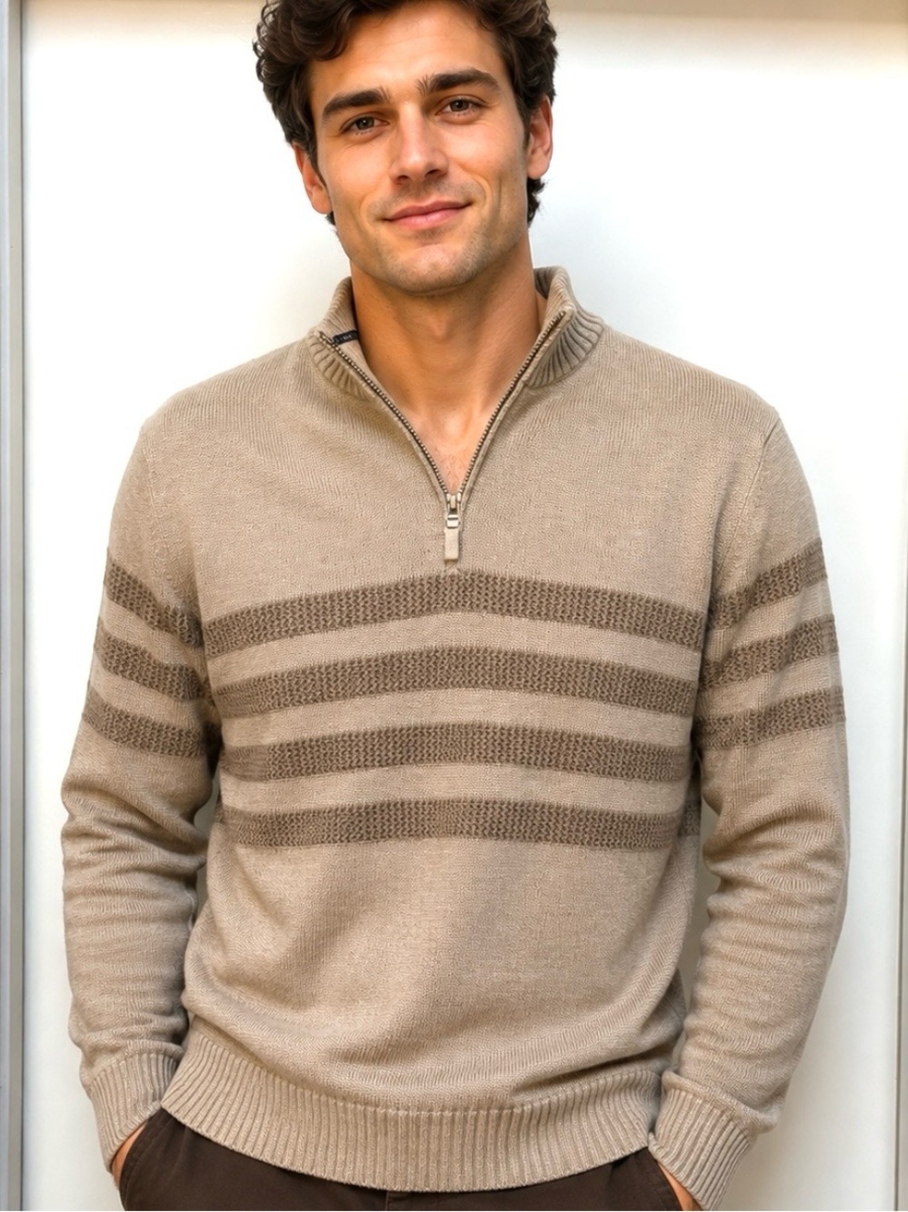 Tahari Mens Tan Quarter Zip Sweater Striped Cotton Knit Mock Neck Pullover Large - Picture 1 of 6